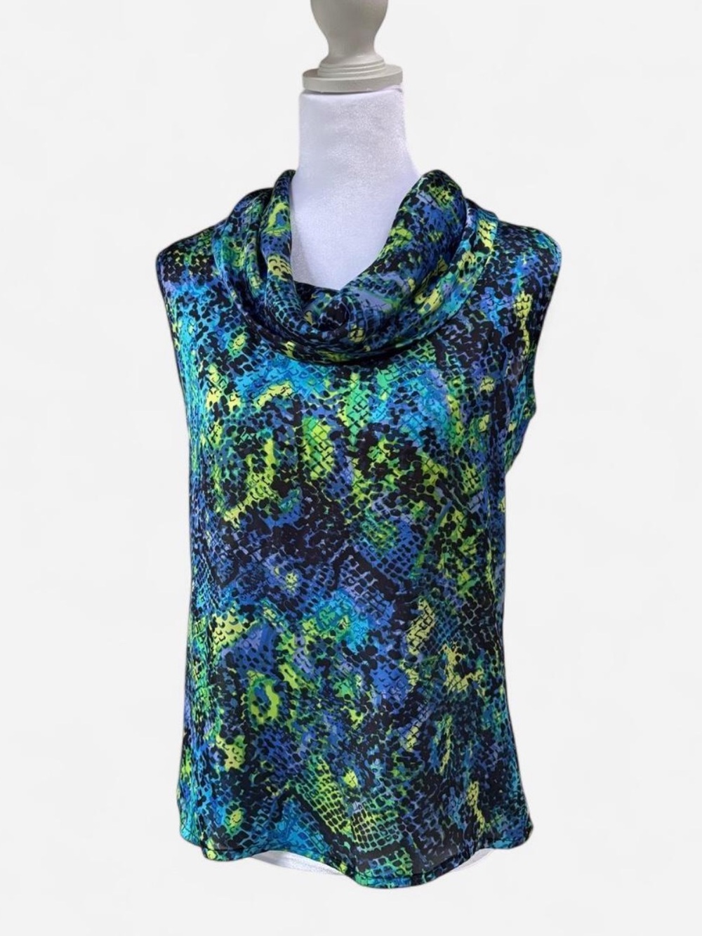 Investments Sleeveless Cowl Neck Tank in Blue & Green Abstract Print